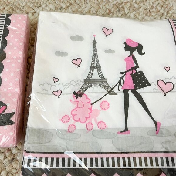 Paris Birthday Party tablewear 36 Napkins 16 Paper Plates Set Pink Eiffel Tower - Picture 4 of 7